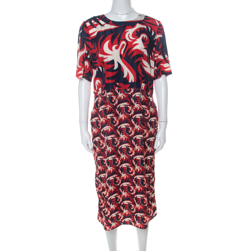 Marni red & blue mixed print silk blend short sleeve dress m