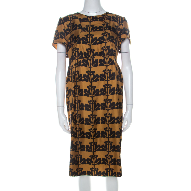 Image of Marni Mustard Yellow and Black Printed Silk Twill Short Sleeve Shift Dress L
