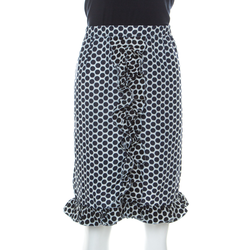 Marni Blue And White Polka Dot Printed Coated Silk Ruffle Detail Skirt S