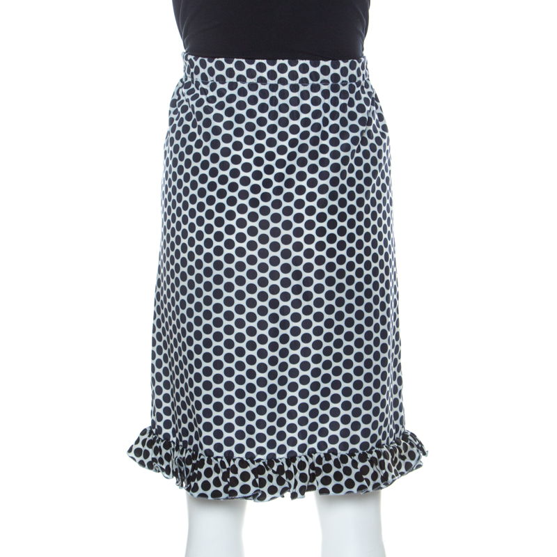 Marni Blue And White Polka Dot Printed Coated Silk Ruffle Detail Skirt S