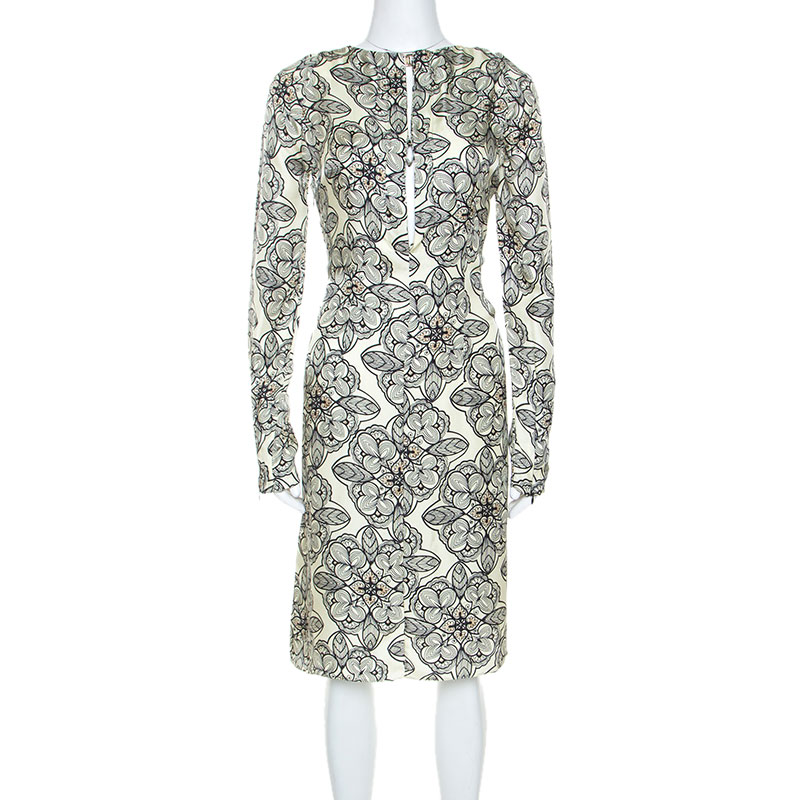 Image of Marni Light Yellow Printed Silk Long Sleeve Dress M