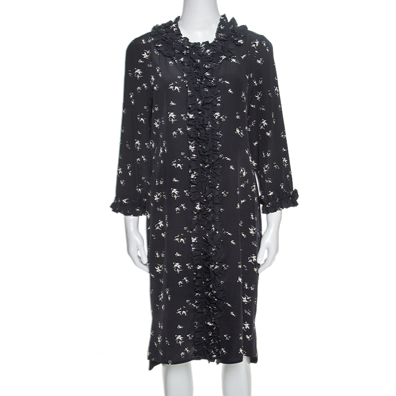 Image of Marni Navy Blue Printed Silk Ruffled Detail Shift Dress M