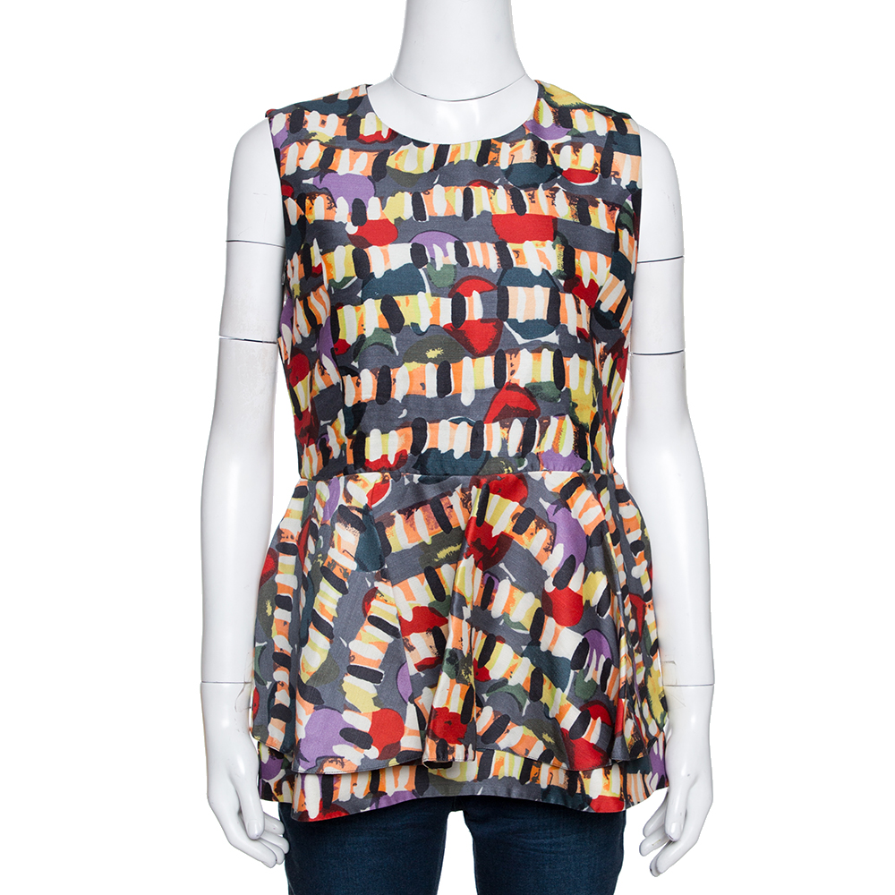 

Marni Multicolour Abstract Printed Wool Blend Peplum Detail Sleeveless Top, Multicolor