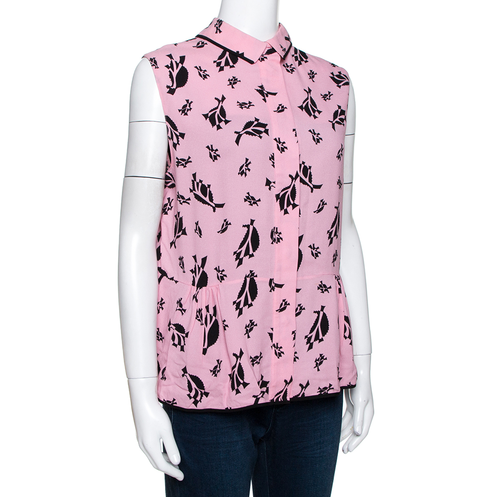 Marni Pink Crepe Abstract Print Dual Collar Sleeveless Top M