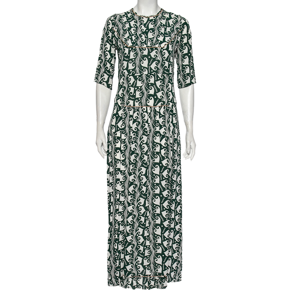 Marni green printed crepe pleated front detailed maxi dress s