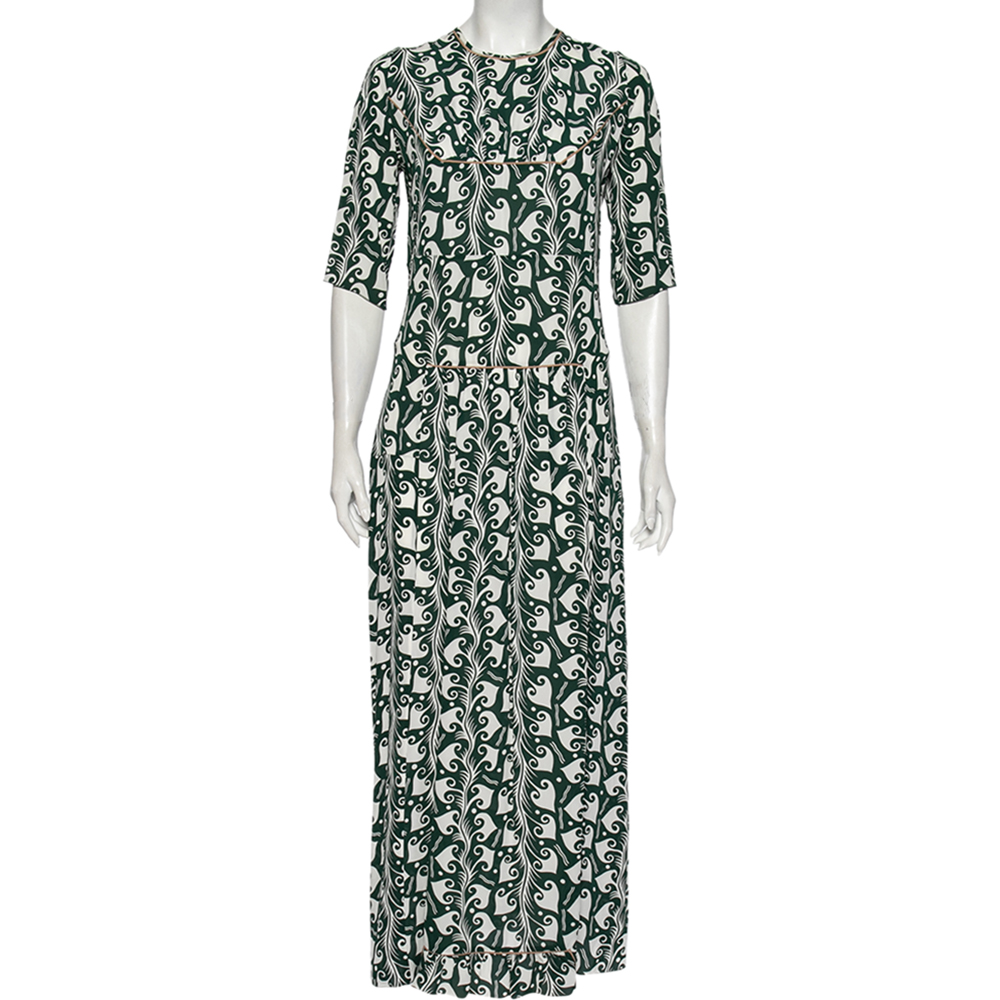 Marni Green Printed Crepe Pleated Front Detailed Maxi Dress S