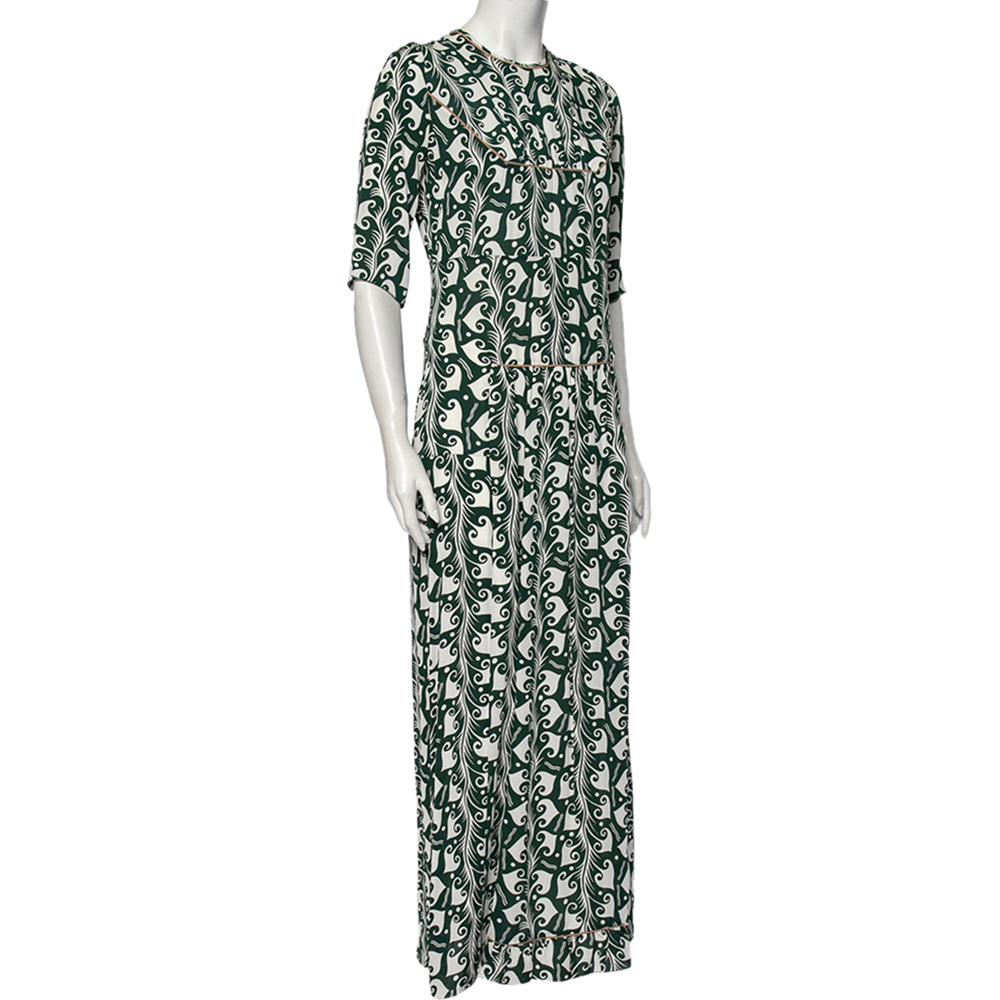 Marni Green Printed Crepe Pleated Front Detailed Maxi Dress S