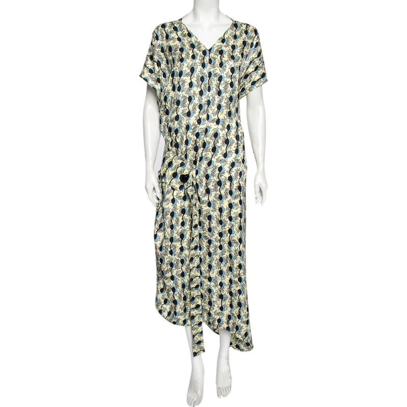 Marni Multicolored Garland Print Silk Asymmetrical Dress L