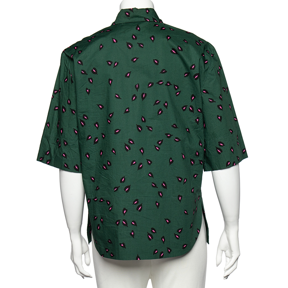 Marni Green Printed Ruffled Trim Pocket Detailed Button Front Shirt S