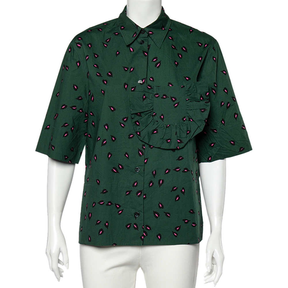 Marni green printed ruffled trim pocket detailed button front shirt s