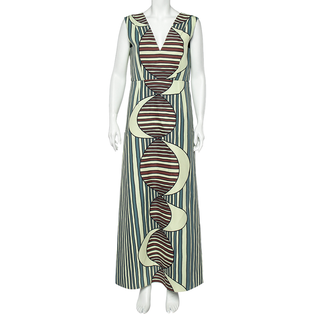 Marni multicolor printed knit plunge neck sleeveless maxi dress m