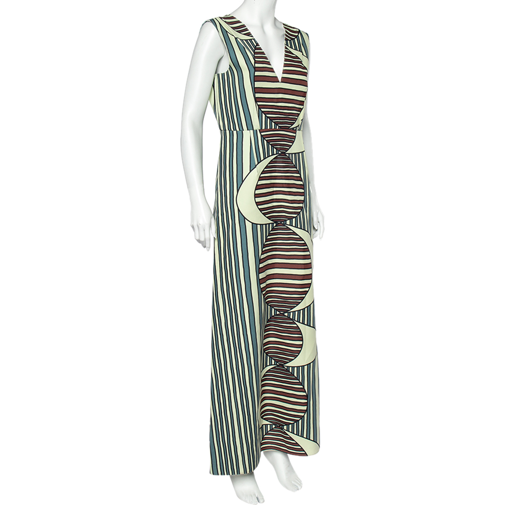 Marni Multicolor Printed Knit Plunge Neck Sleeveless Maxi Dress M