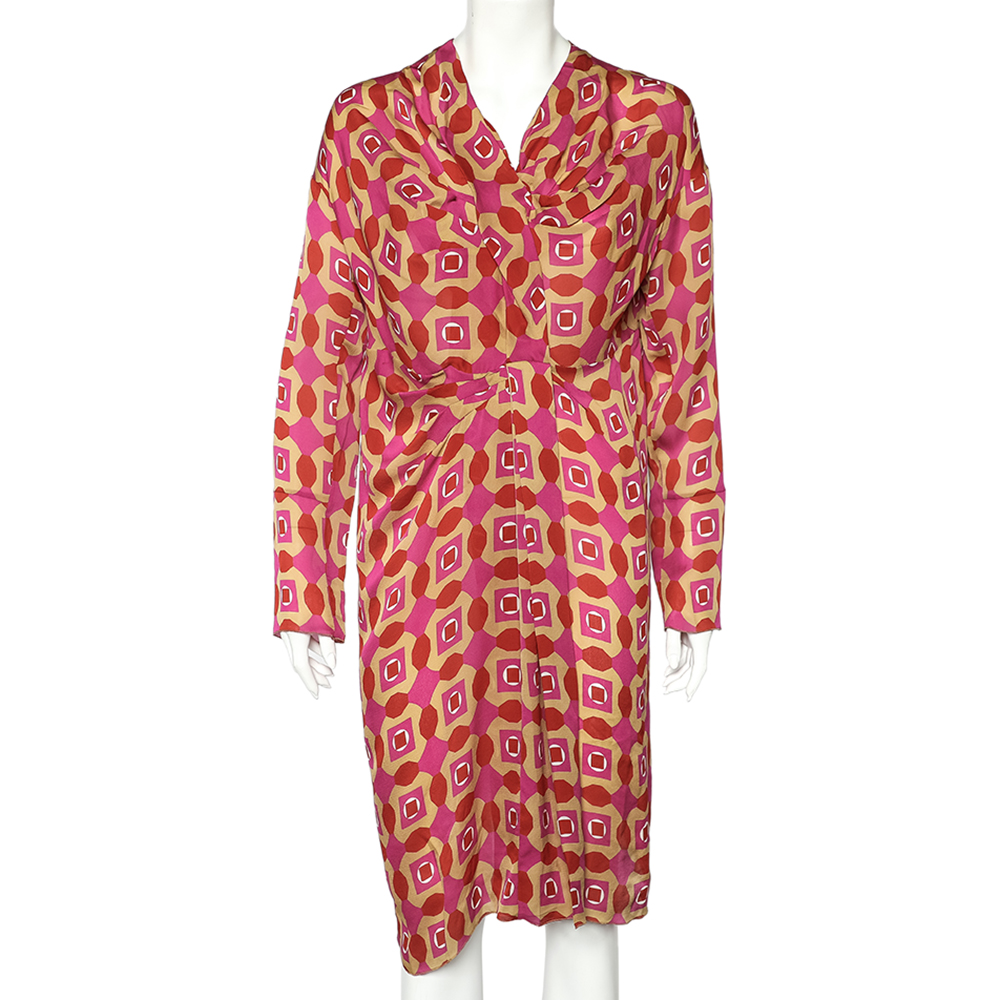 Marni multicolor geometric printed silk draped midi dress s