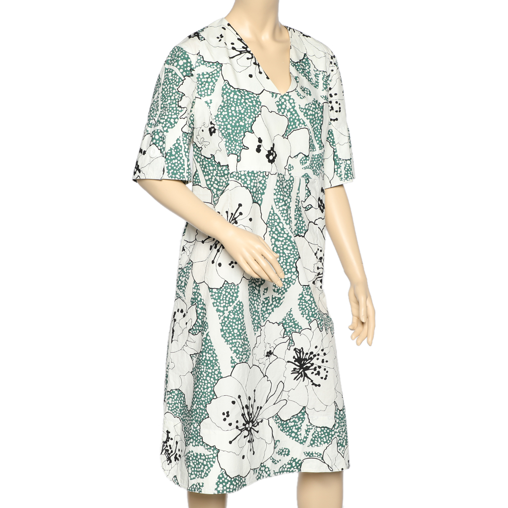 Marni White Floral Printed Cotton V-Neck Midi Dress L