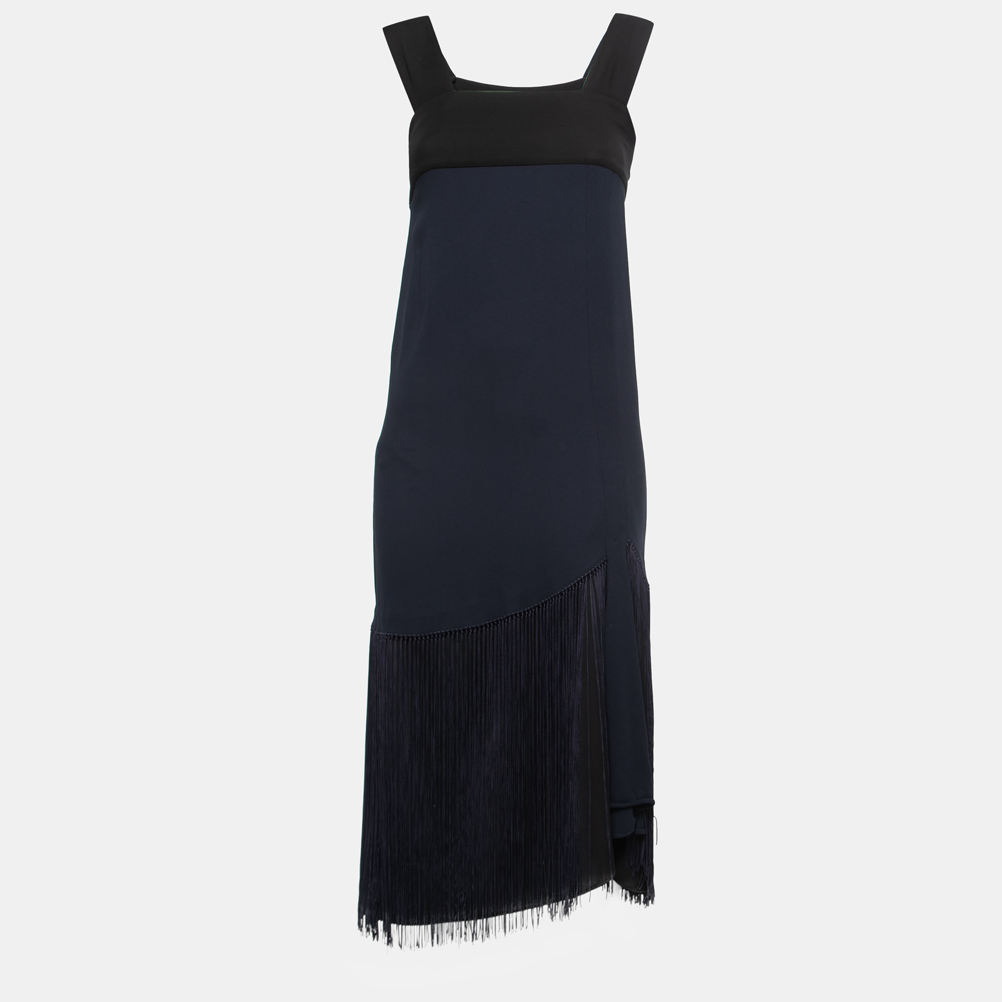 Marni Black/Blue Crepe Sleeveless Fringe Dress S
