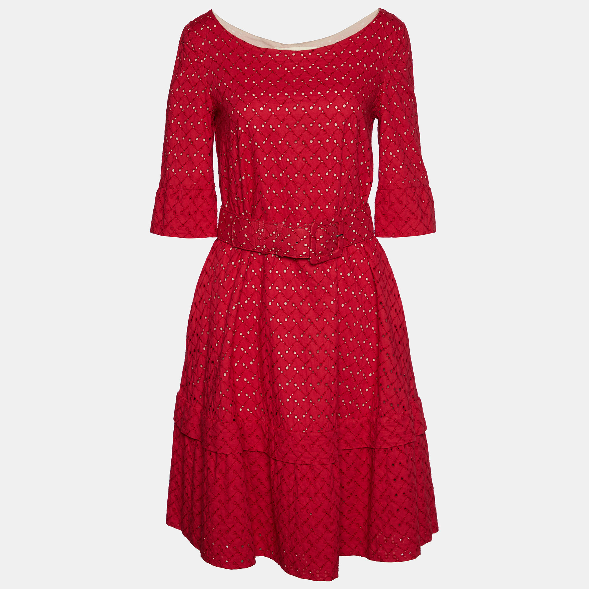 Marni Red Embroidered Cotton Belted Midi Dress S
