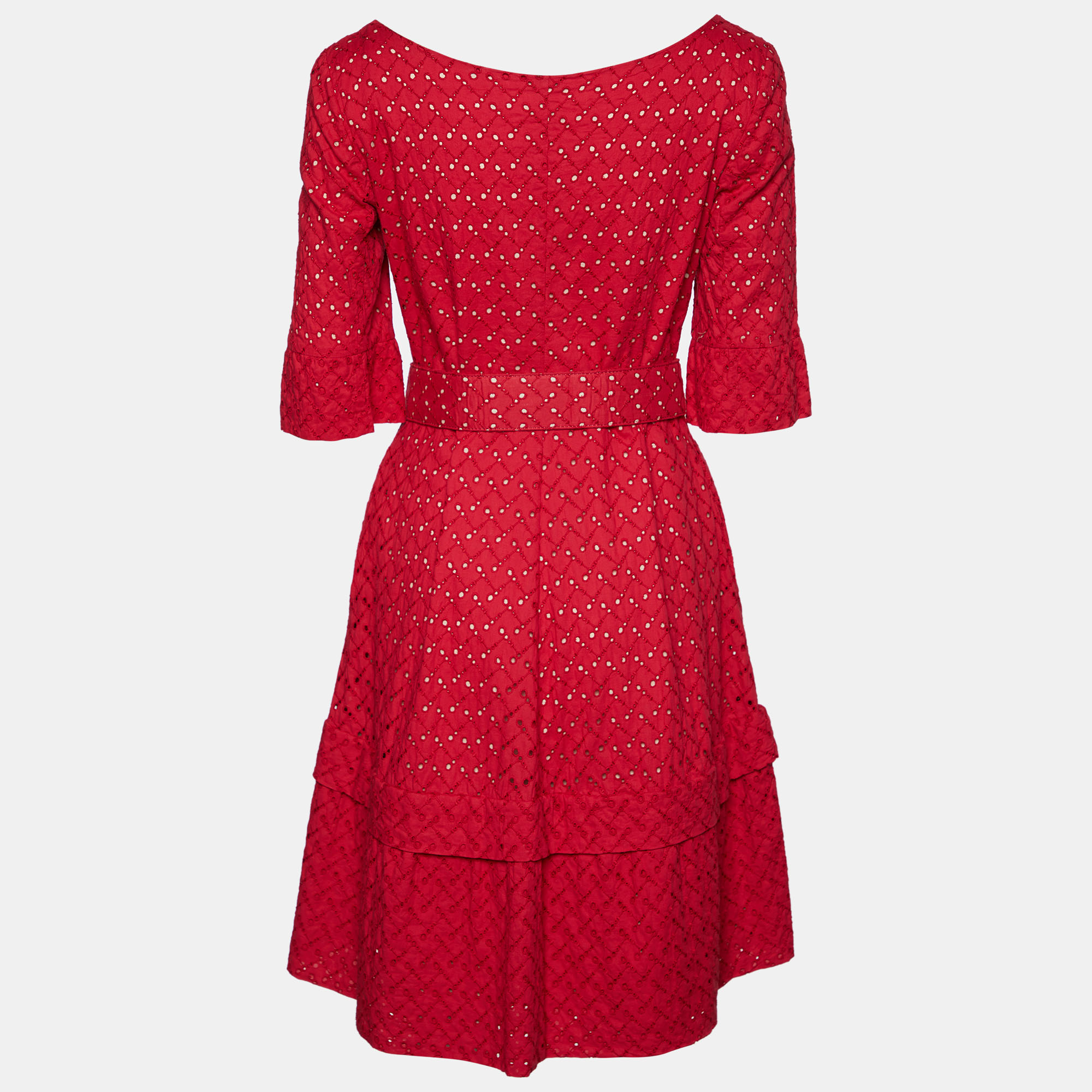 Marni Red Embroidered Cotton Belted Midi Dress S