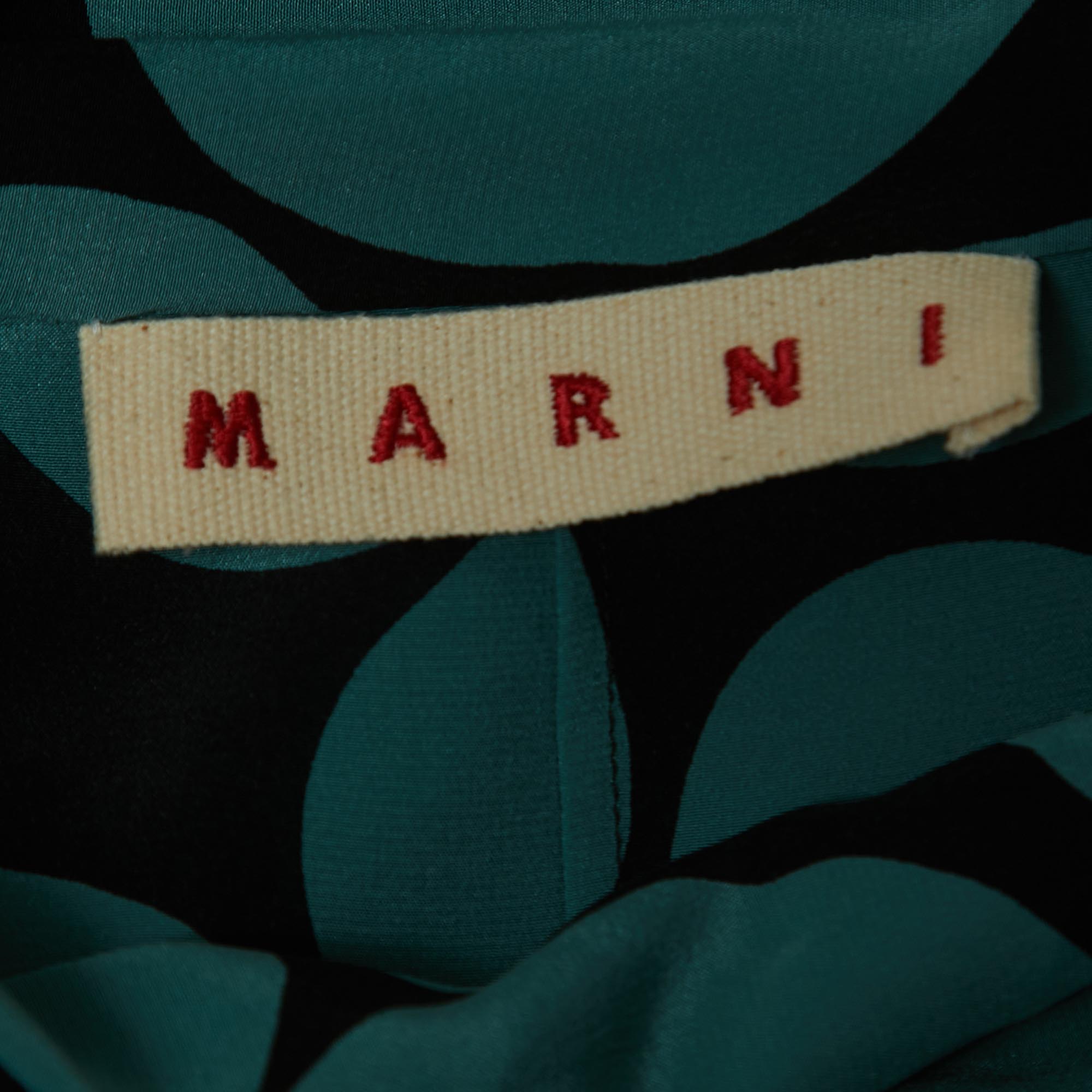 Marni Black/Blue Dotted Silk Neck Tie Long Sleeve Midi Dress M