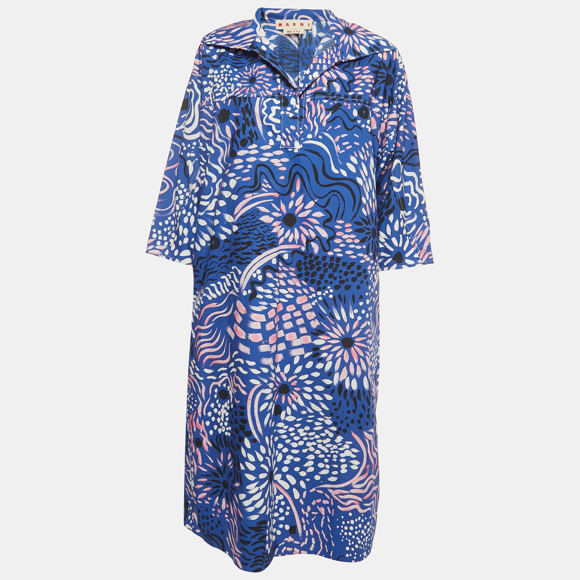 Marni Blue Abstract Printed Cotton Midi Dress M