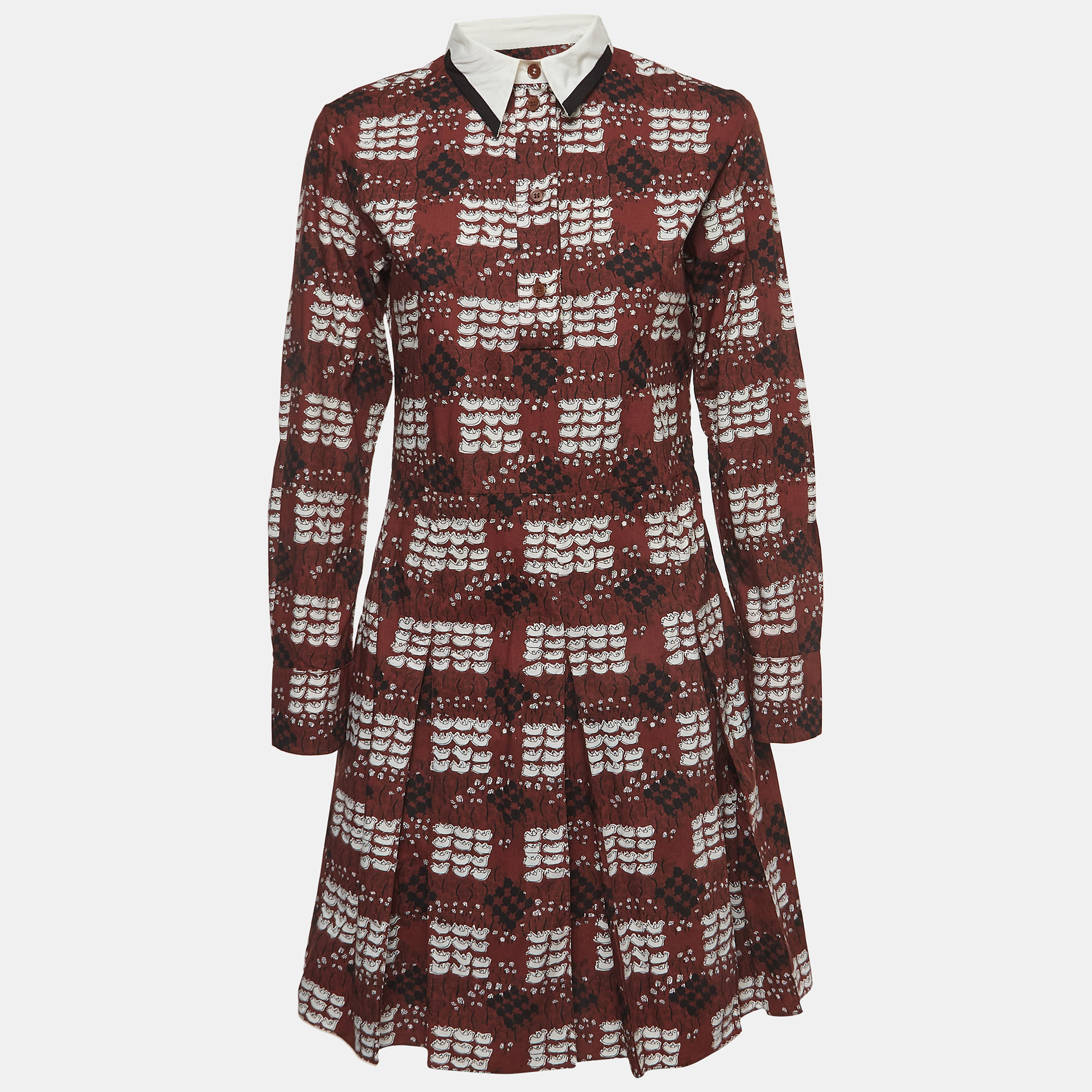 Marni Summer Edition 2013 Brown Print Cotton Pleated Button Front Shirt Dress S