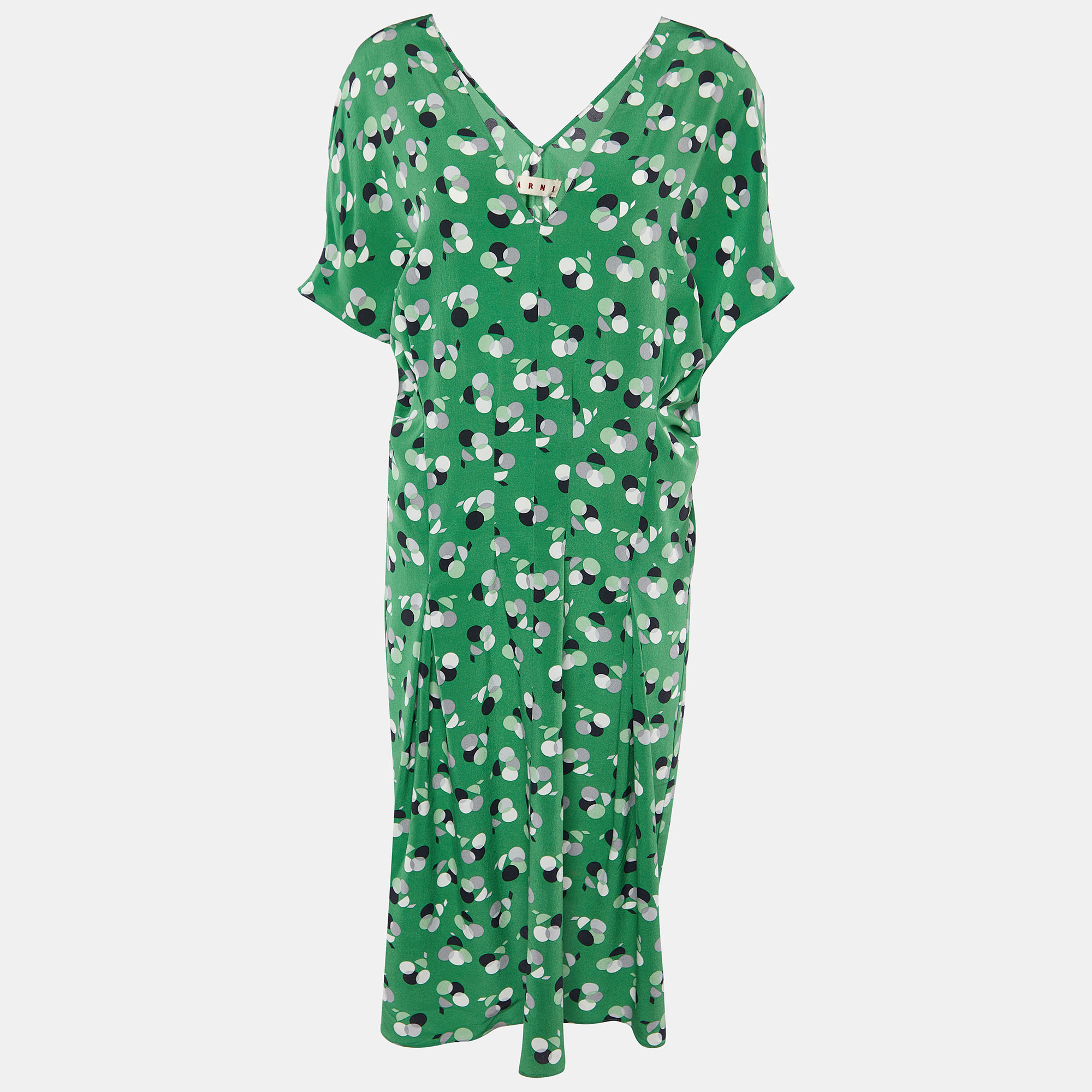 Marni green print silk v-neck pleated short dress m