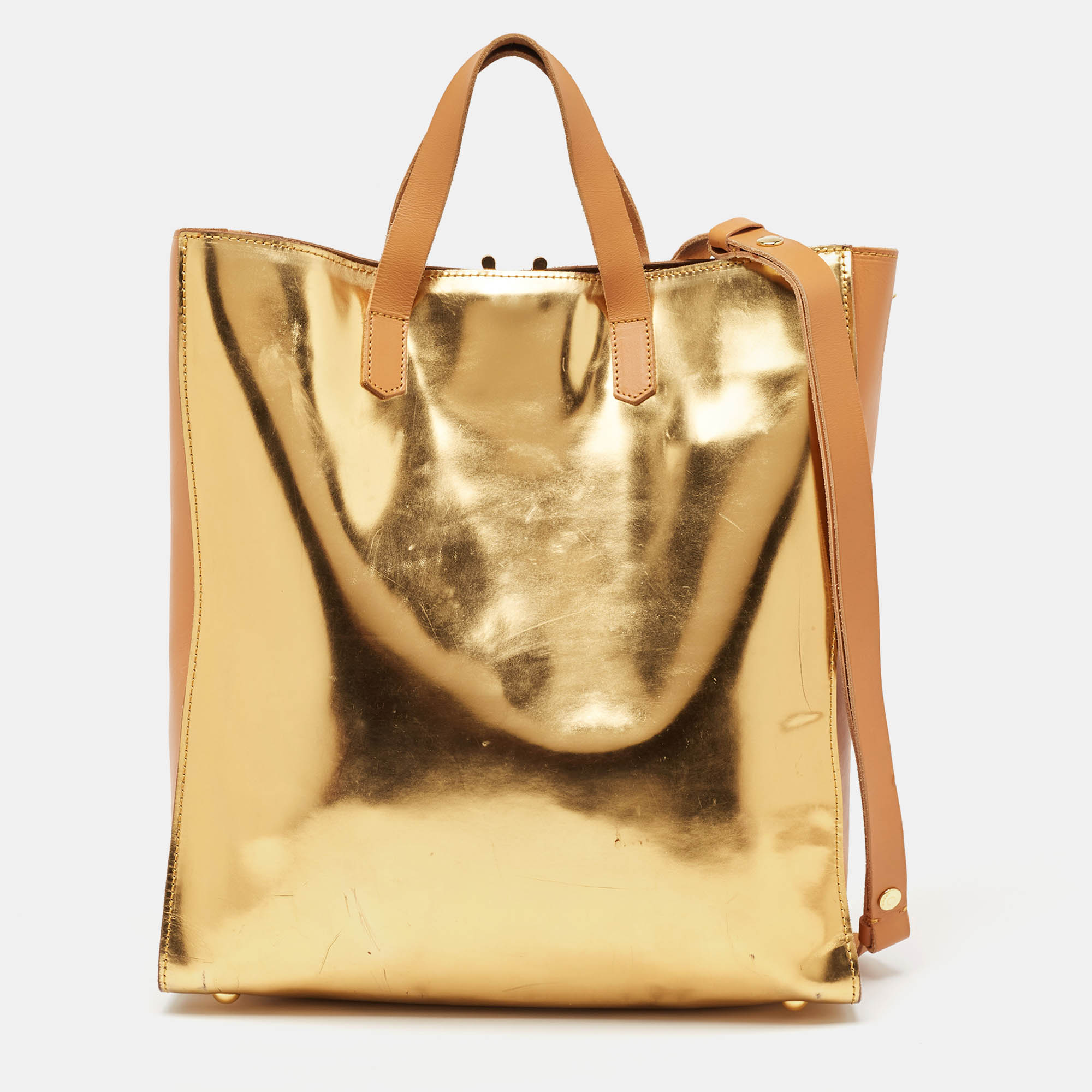 Marni gold/beige patent and leather pushlock tote