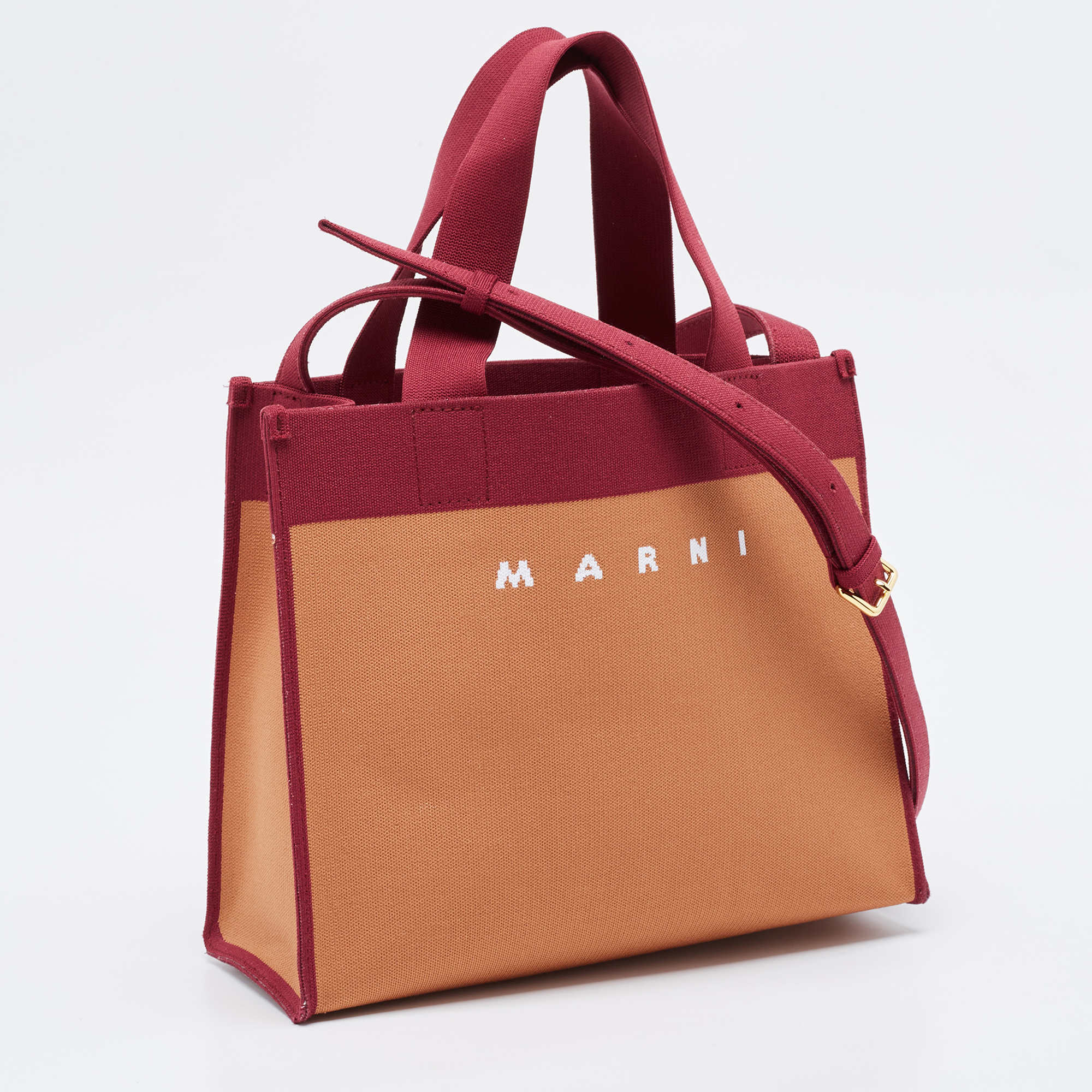 Marni Burgundy/Brown Jacquard Canvas Logo Tote