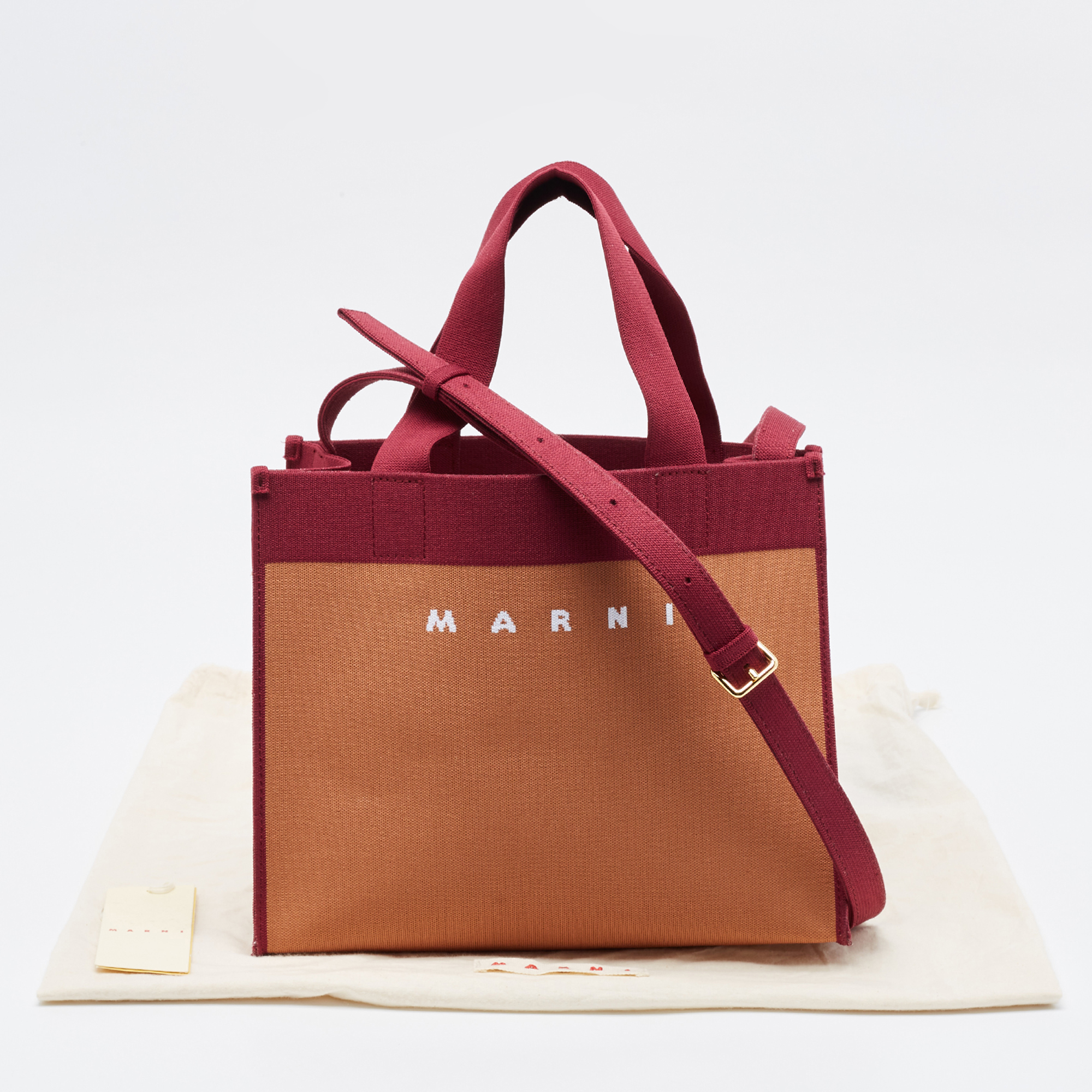 Marni Burgundy/Brown Jacquard Canvas Logo Tote