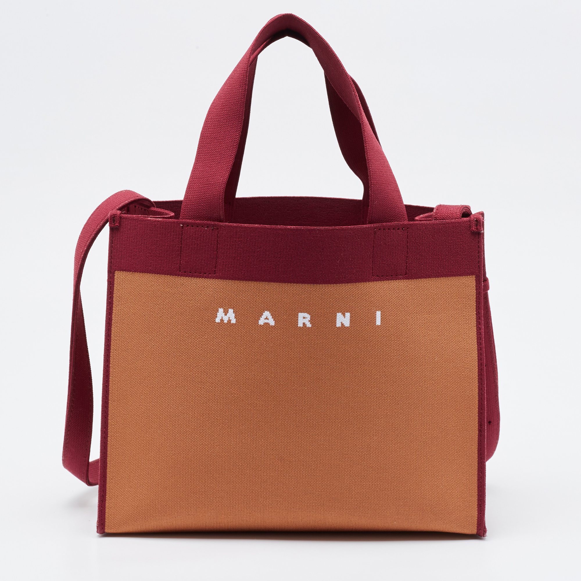 Marni Burgundy/Brown Jacquard Canvas Logo Tote