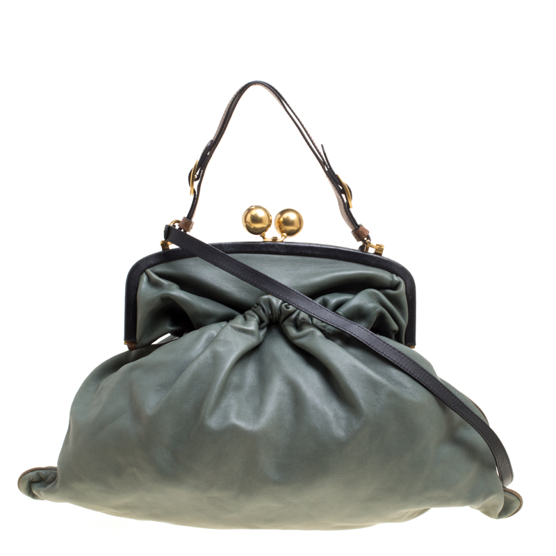 Image of Marni Green Leather Kiss Lock Frame Shoulder Bag