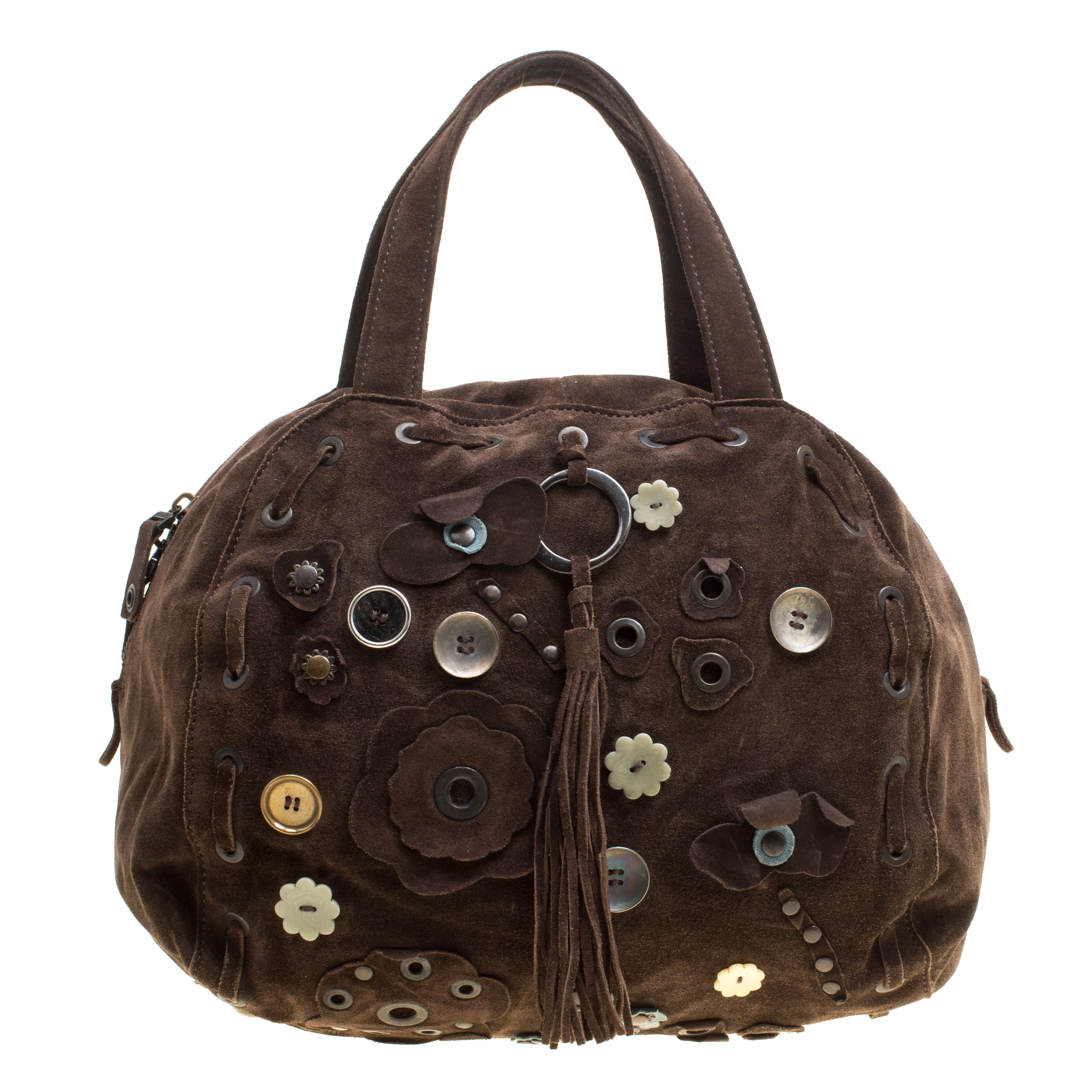 Image of Marni Dark Brown Suede Embellished Satchel