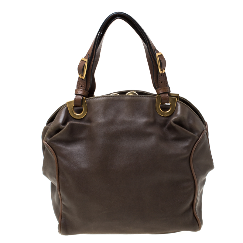 Image of Marni Olive Green/Brown Leather Kiss lock Satchel