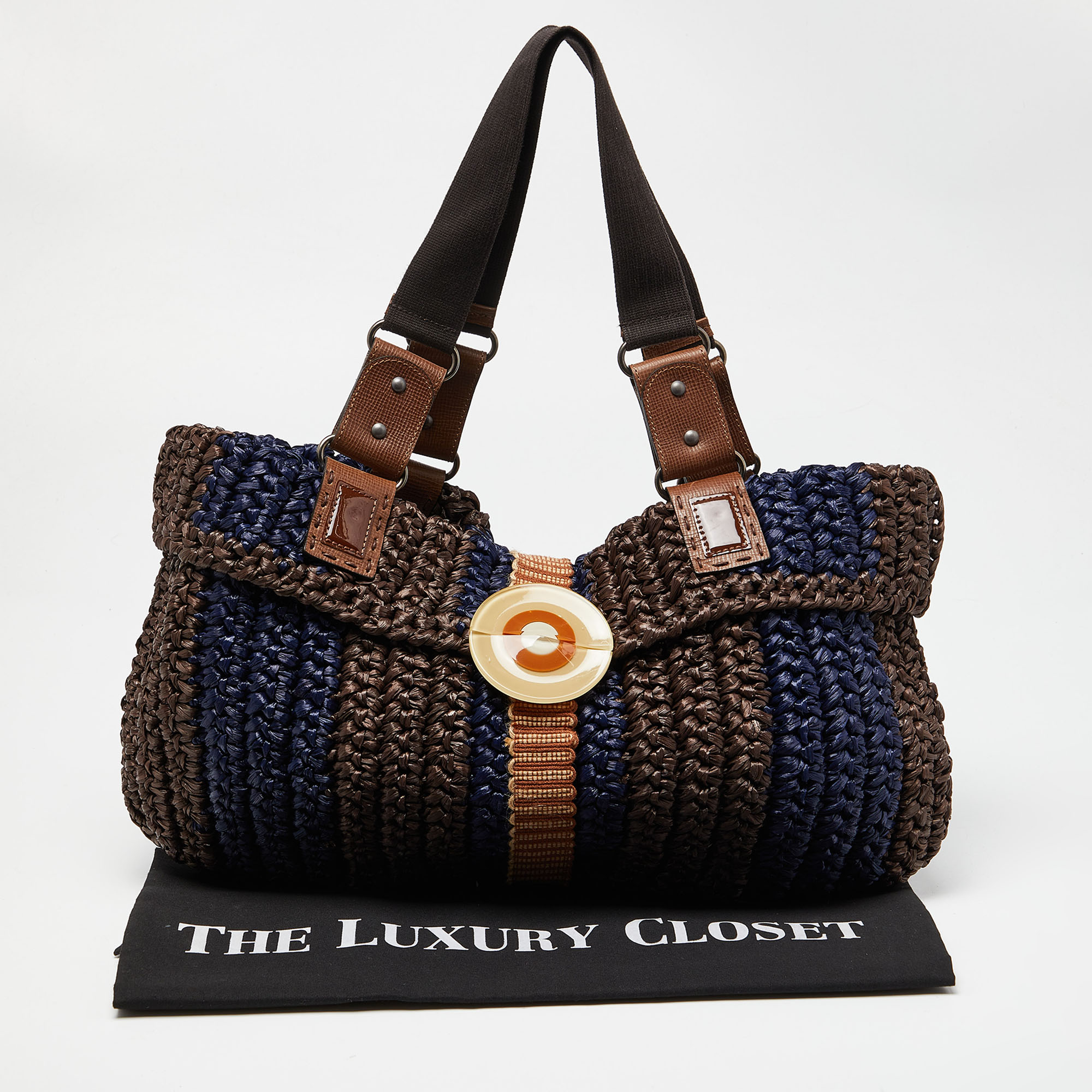 Marni Brown/Blue Woven Straw And Leather Round Lock Tote