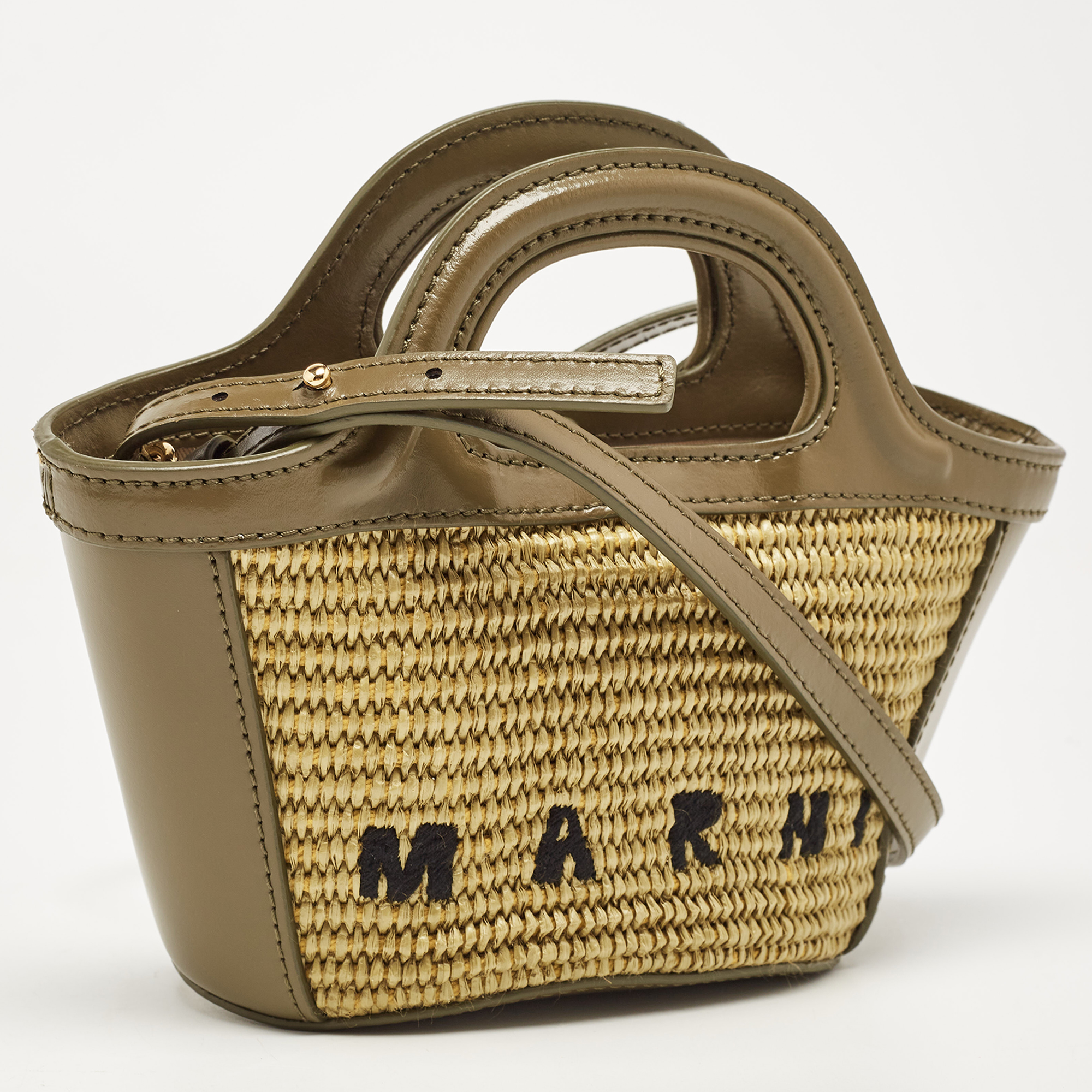Marni Olive Green Leather And Raffia Micro Tropicalia Bag