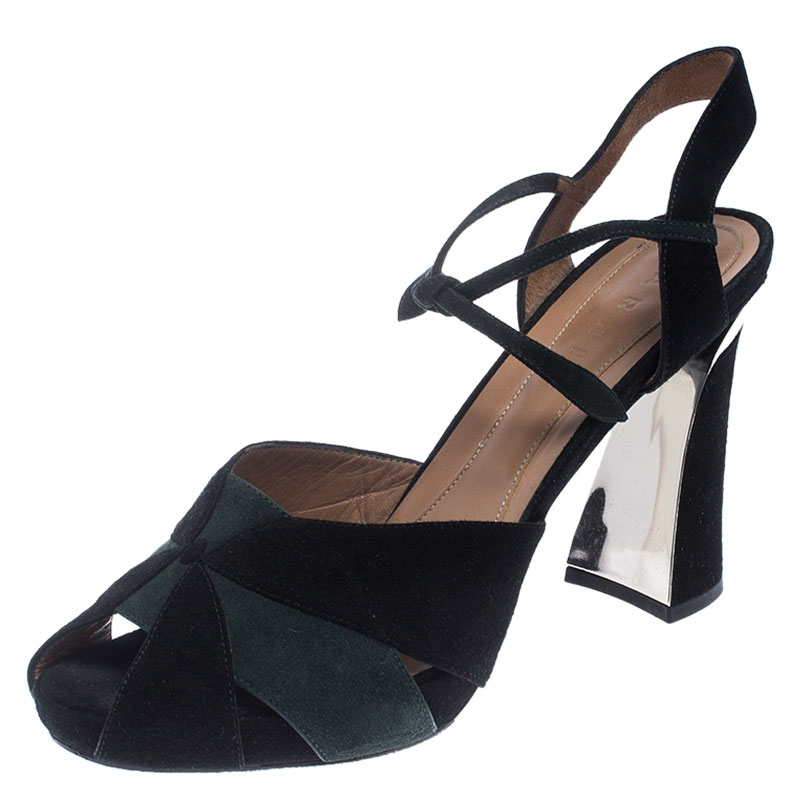 Image of Marni Black/Green Suede Peep Toe Sandals Size