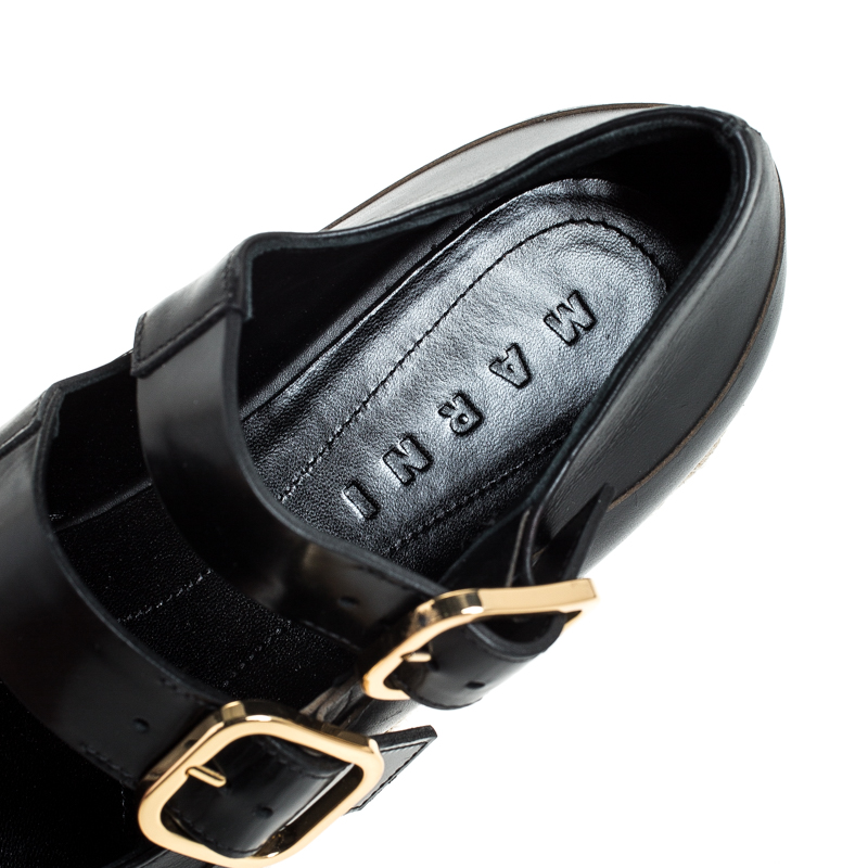 Marni Black Leather Buckle Detail Platform Espadrilles Flats Size 38