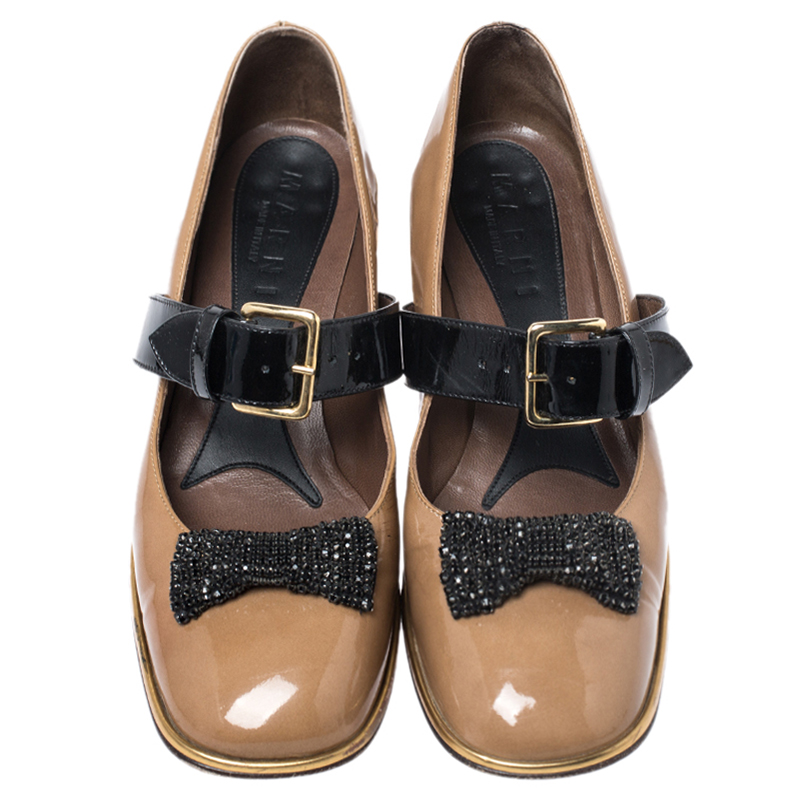 Marni Brown Patent Leather Embellished Bow Mary Jane Buckle Strap Pumps Size 38