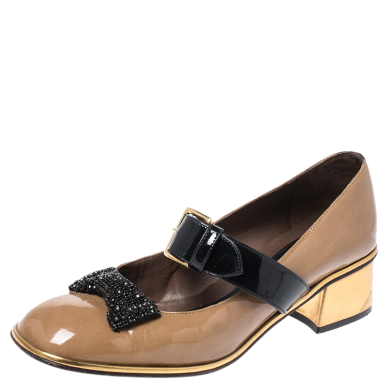 Marni Brown Patent Leather Embellished Bow Mary Jane Buckle Strap Pumps Size 38