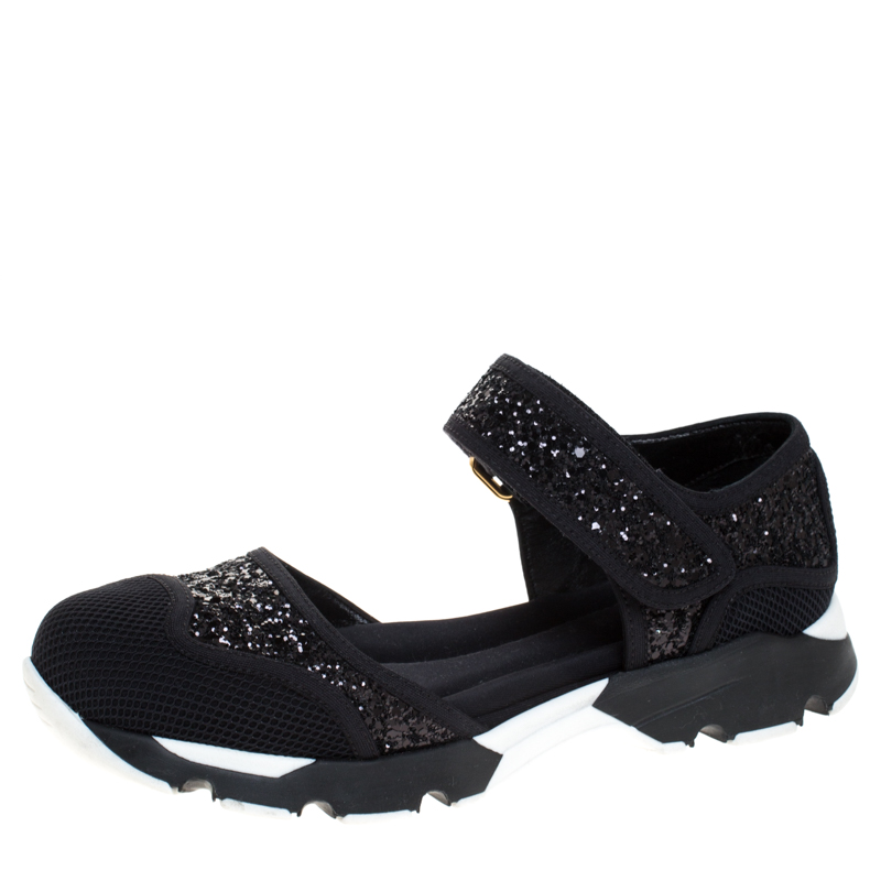 Image of Marni Black Mesh and Glitter Mary Jane Sneakers Size
