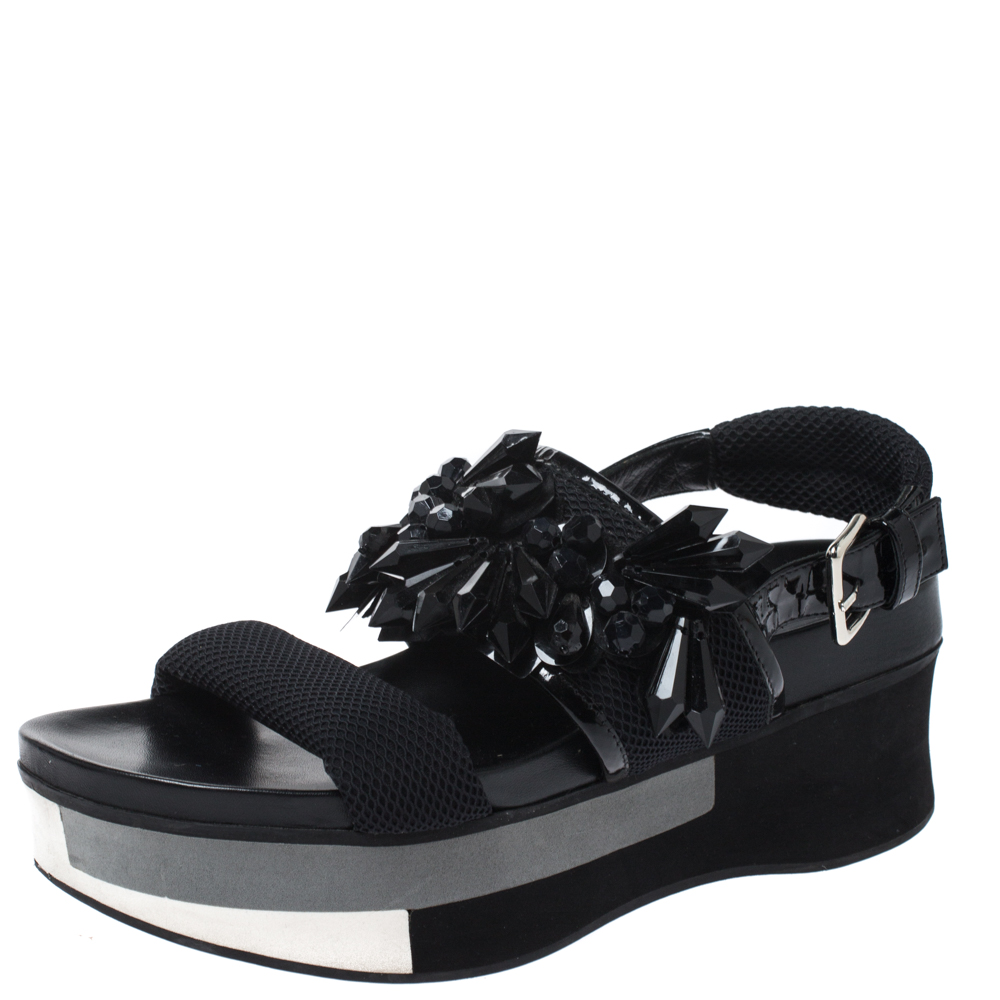 Image of Marni Black Mesh And Patent Leather Embellished Slingback Platform Flat Sandals Size