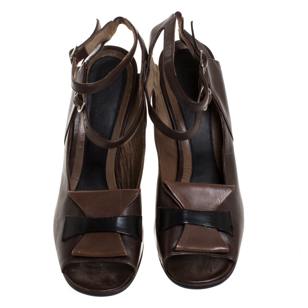Marni Brown Leather Ankle Strap Platform Sandals Size 38.5