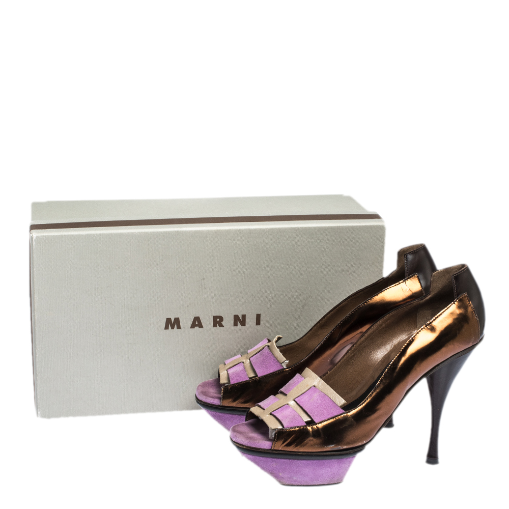 Marni Multicolor Patent Leather And Suede Cut Out Peep Toe Platform Pumps Size 37.5