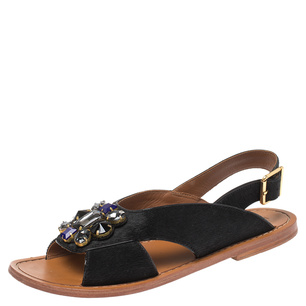 Image of Marni Black Pony Hair Jewel Embellished Slingback Flat Sandals Size