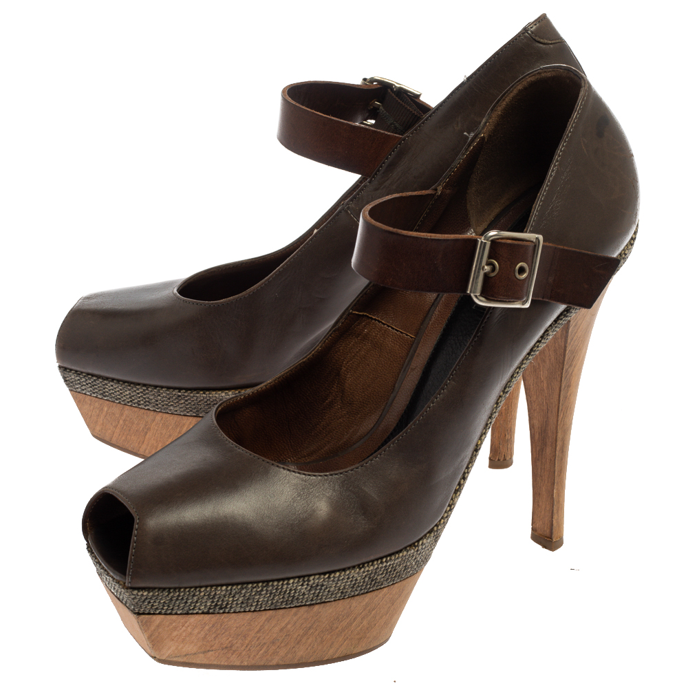 Marni Grey Leather Mary Jane Peep Toe Platform Pumps Size 39