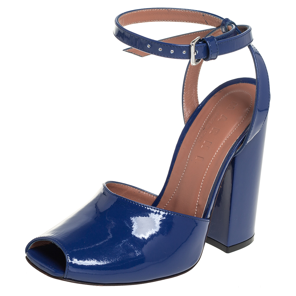 Marni Blue Patent Leather Block Heel Peep Toe Ankle Strap Sandals Size 37