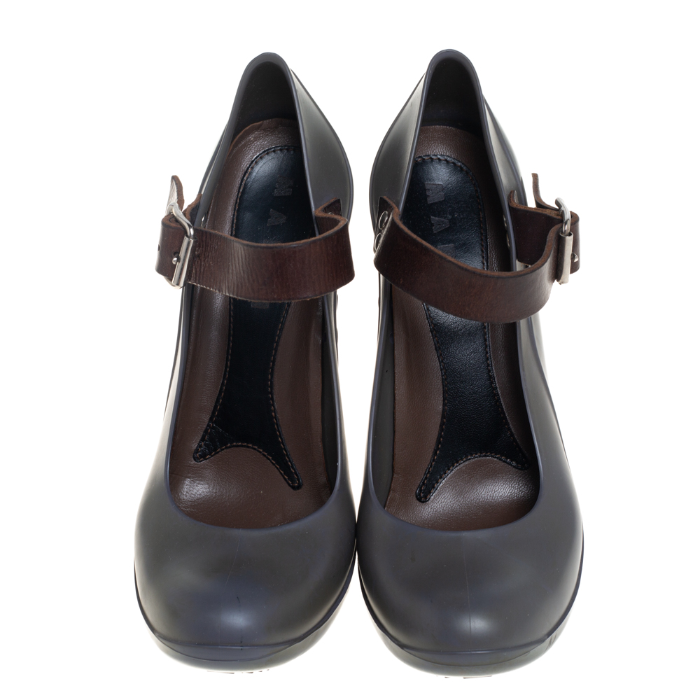 Marni Grey Rubber And Brown Leather Mary Jane Pumps Size 37
