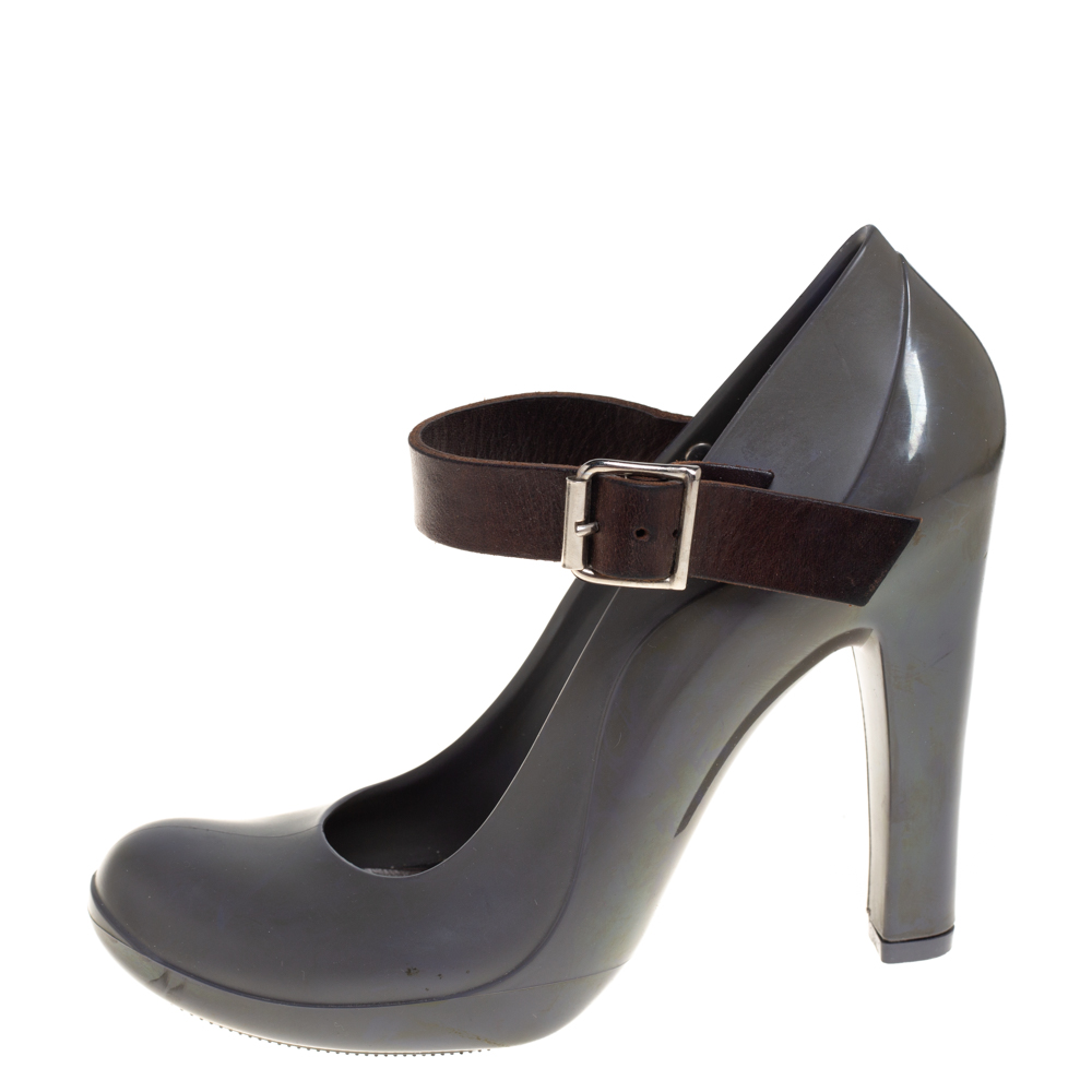 Marni Grey Rubber And Brown Leather Mary Jane Pumps Size 37