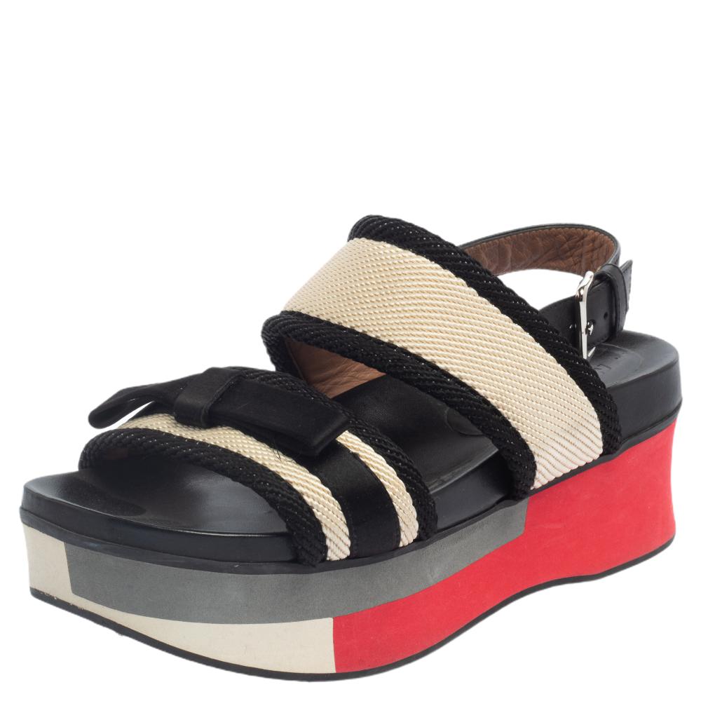 Marni Black/White Canvas And Leather Bow Embellished Slingback Platform Sandals Size 38