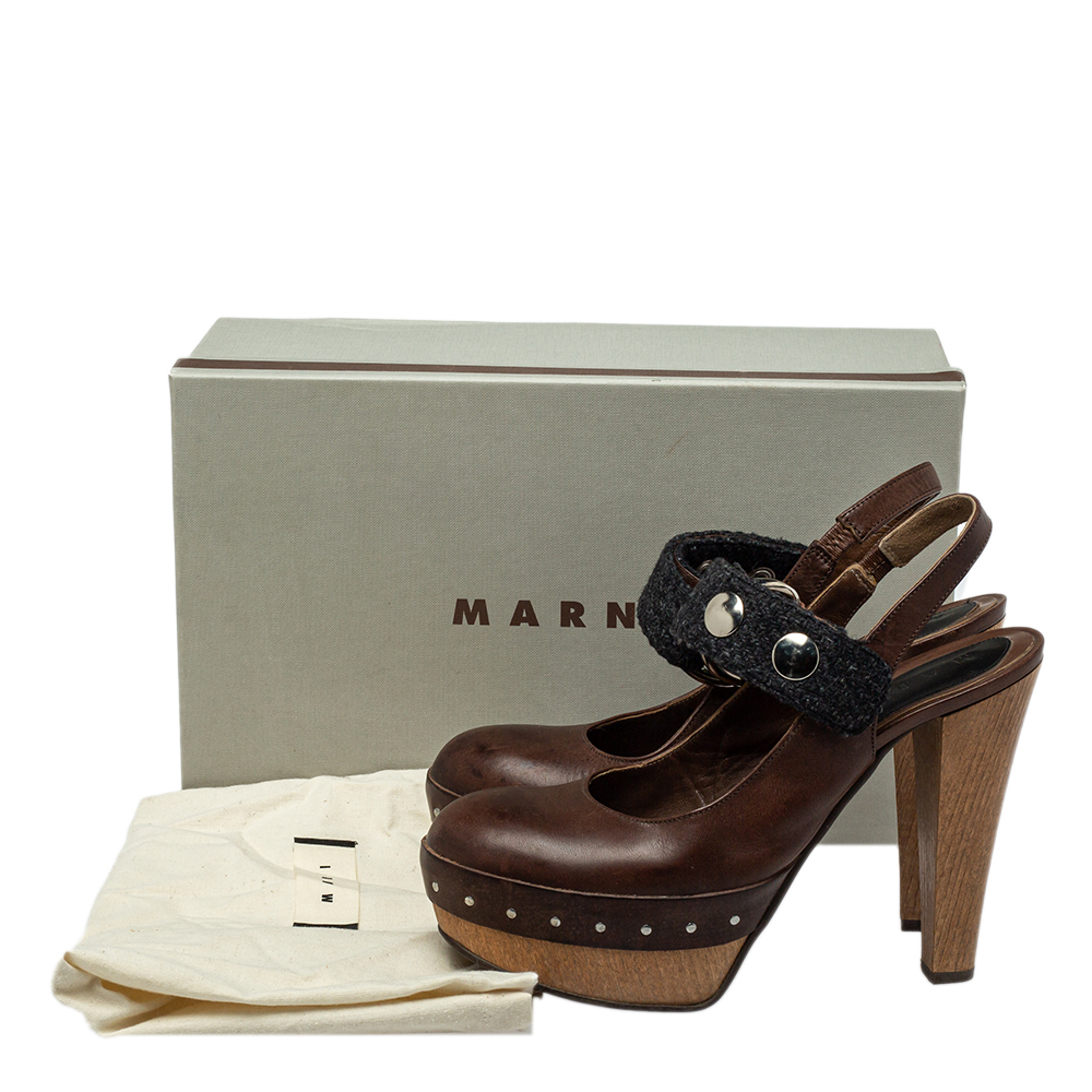 Marni Brown/Black Fabric And Leather Mary Jane Buckle Strap Pumps Size 40