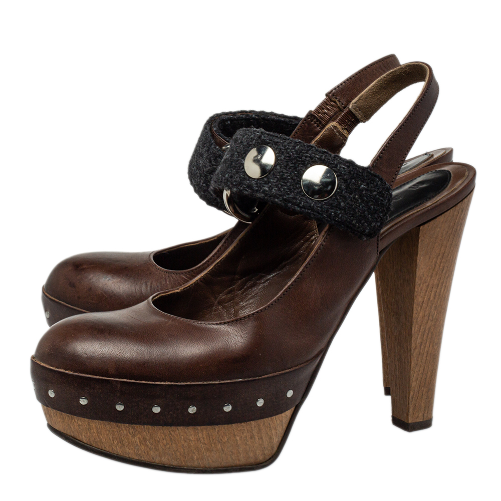 Marni Brown/Black Fabric And Leather Mary Jane Buckle Strap Pumps Size 40